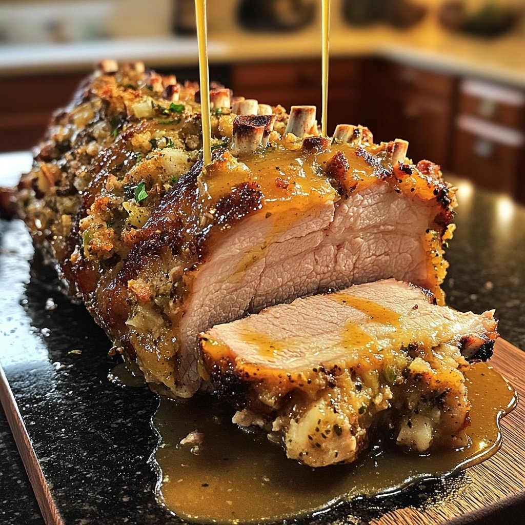 Stuffed Rack of Pork with Cider Gravy